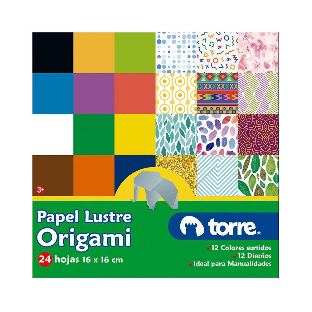 FAJO PAPEL LUSTRE ORIGAMI 16X16 24 HJS 12 COLORES Comercial Larrain